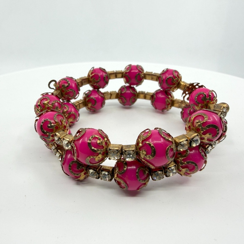 Hot Pink Bead Bracelet Gold Tone Filigree Rhinestone Stretch Elastic Stackable